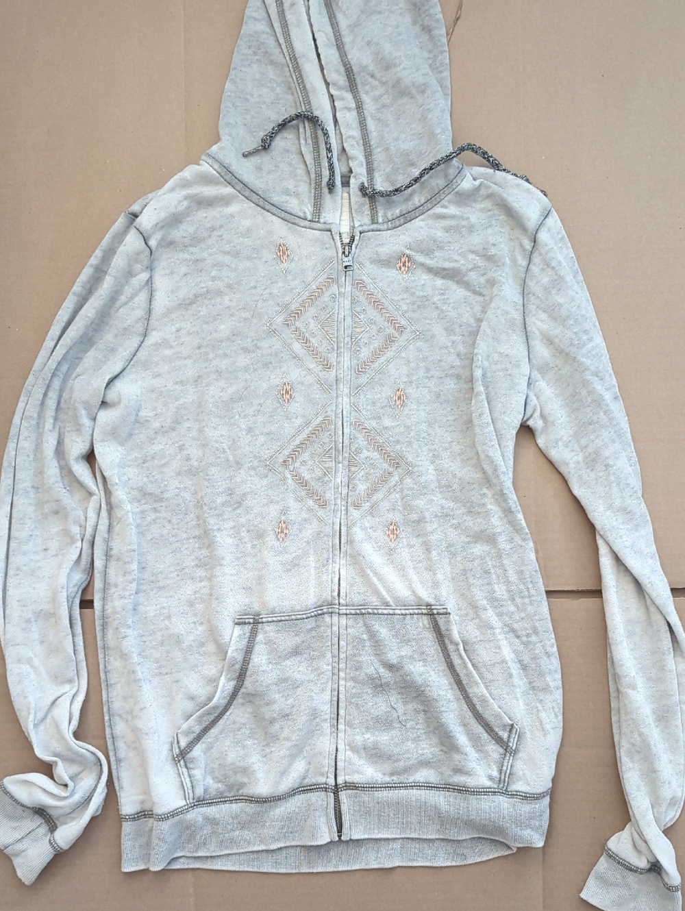 Roxy Light Gray and Pink Embroideres Hooded Zip Sweater - Picture 2 of 8